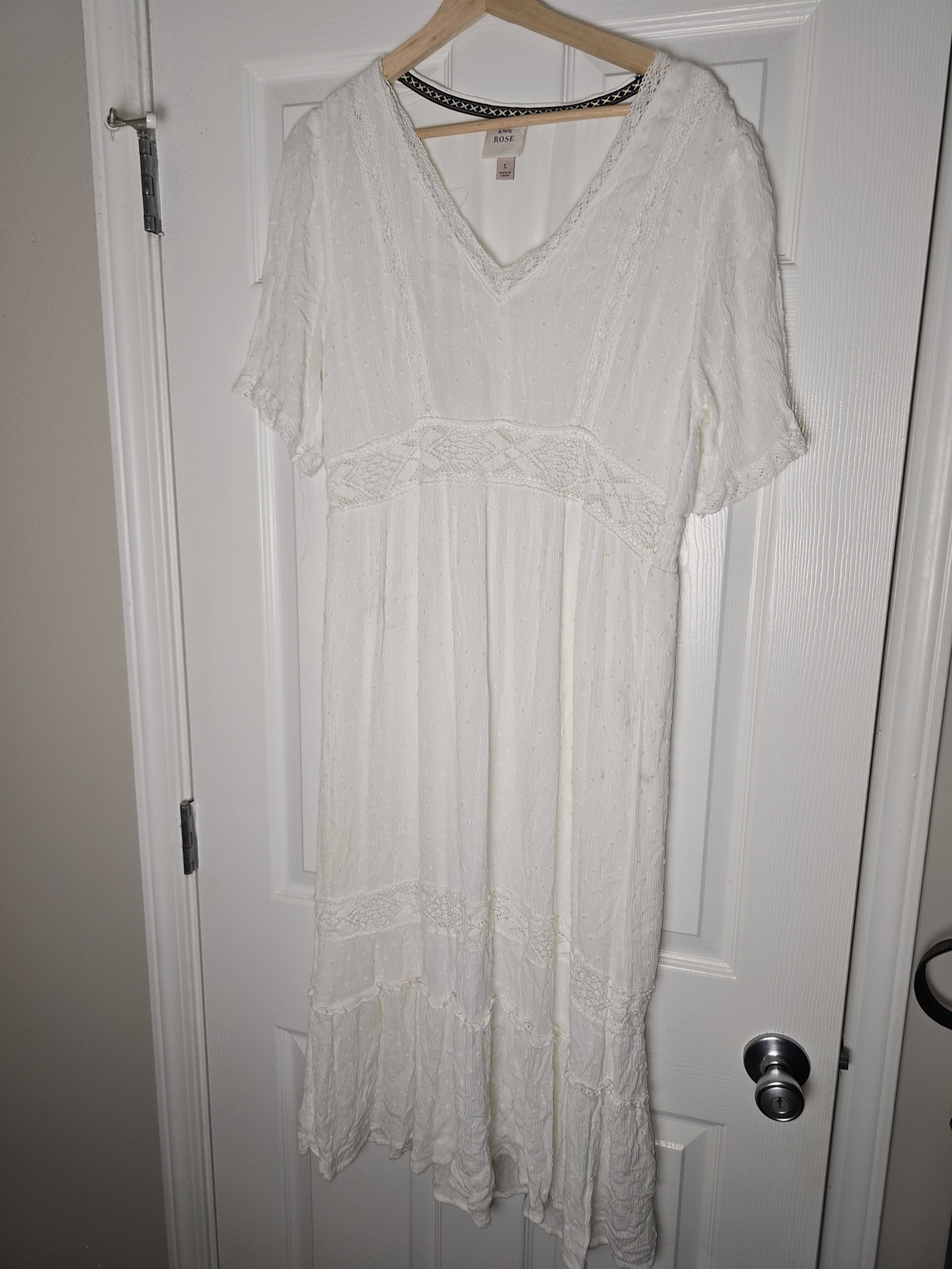 Knox Rose Boho Lace-Trim V-Neck White Midi Dress Size Large